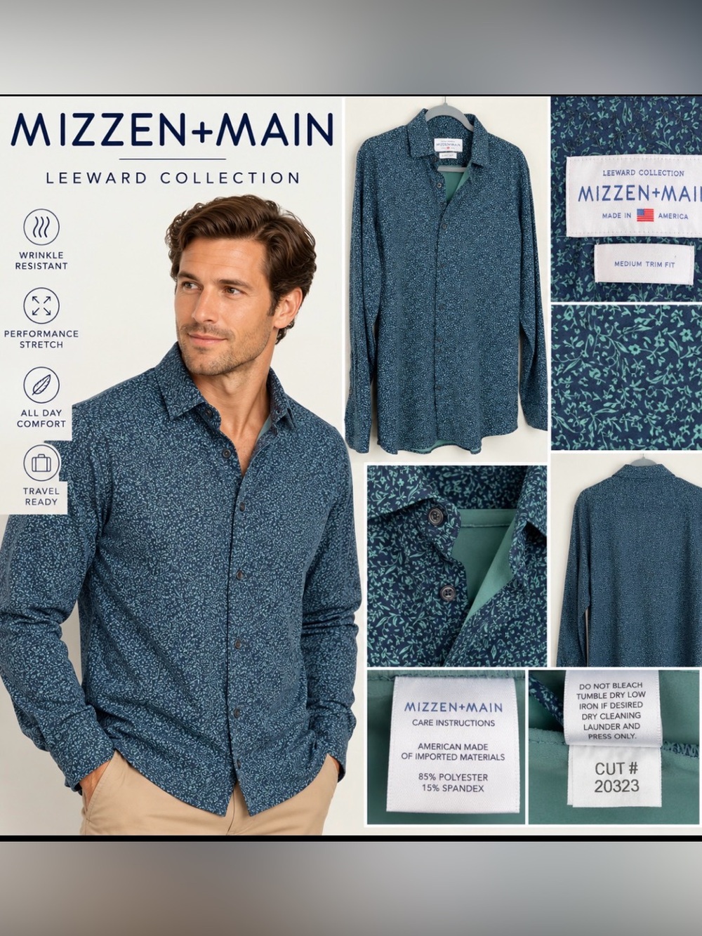 Mizzen+Main Leeward Trim Fit Performance Shirt Men’s Medium Blue Floral